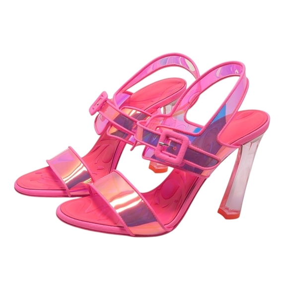 NEW Christian Louboutin Loubi Duniss 100 Neon Pink PVC Clear Sandal Heels 38 - Picture 1 of 13